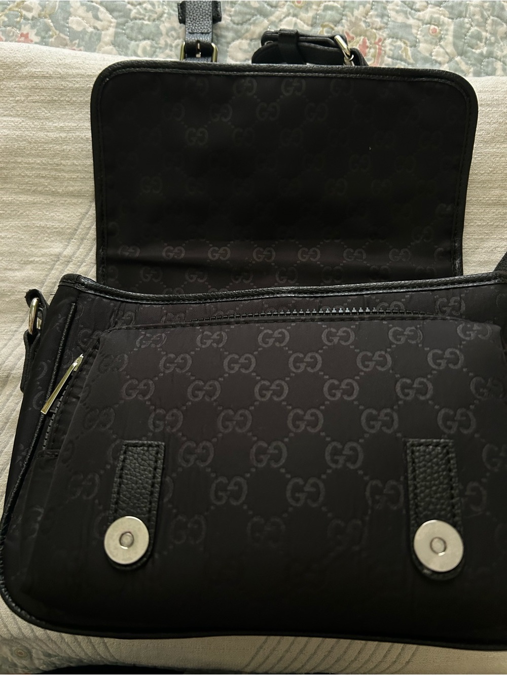 Gucci black Nylon Double Buckle Flap Messenger Bag